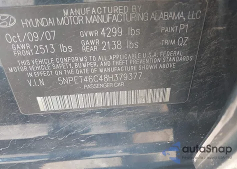 2008 Hyundai Sonata Gls z USA, uszkodzony, nr VIN 5NPET46C48H379377